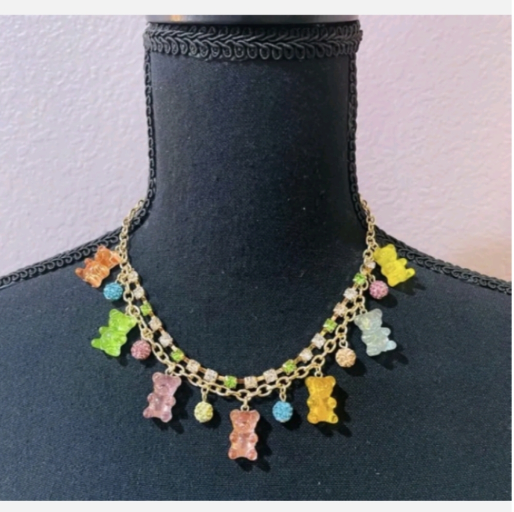 New! BETSEY JOHNSON Candy Crush Pastel Gummy Bear Statement Bib Necklace.